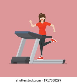 Woman running on a treadmill. Vector illustration