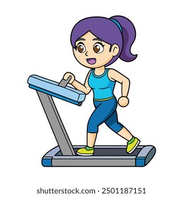 Mujer corriendo en la Ilustración vectorial de la cinta de correr - dibujos animados, Clipart y diseño de arte de línea