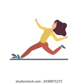 Woman running on wet road, slipping in puddle and falling down vector illustration