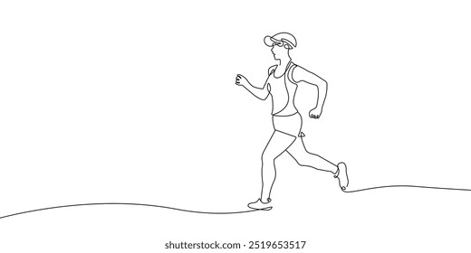 Mujer Corriendo Una Línea Dibujo Diseño Continuo Estilo Minimalista. Ilustración de una línea de Vector de concepto deportivo.