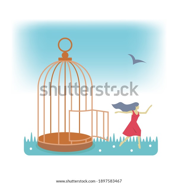 Woman\
running out of cage. Freedom from abuse concept.\
