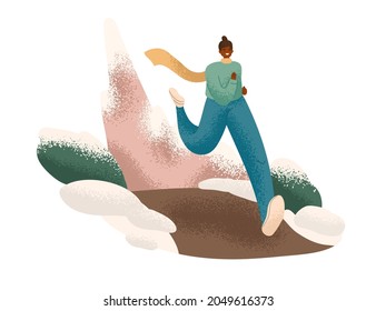 Woman running outdoors in winter. Happy runner jogging in nature in cold weather with snow. Jogger in scarf and sweater in park. Flat graphic vector illustration isolated on white background.