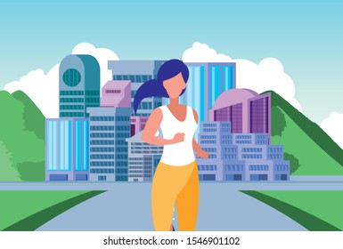 Woman running outside design, Healthy lifestyle Fitness bodybuilding bodycare activity and exercisetheme Vector illustration