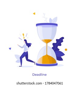 Woman running in panic and hourglass. Concept of project deadline, effective project time planning and management, procrastination and anxiety at work. Modern flat vector illustration for banner.