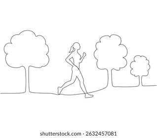 Woman running in the park in continuous one line art style. Simple vector illustration
