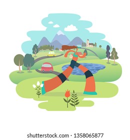a woman running in the park -flat vector concept illustration  Healthy activity. Park, trees, hills and a lake landscape 