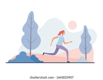 Woman running in park in morning. Female jogger in modern sportswear running fast along path near trees and bushes during daily fitness workout early in morning in summer in park