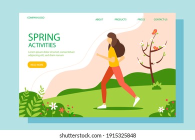 Woman running in the park in the morning. Landing page template. Conceptual illustration of outdoor recreation, active pastime. Spring vector illustration in flat style.