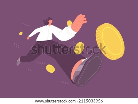 Woman running to profit. Business girl chasing money, gold coins flow. Career development and salary increase. Accounting, banking or winning vector concept