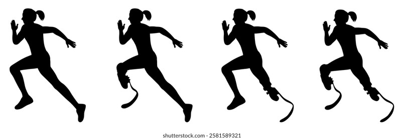 Woman running, woman with prosthesis, disabled athlete on prosthesis running silhouettes