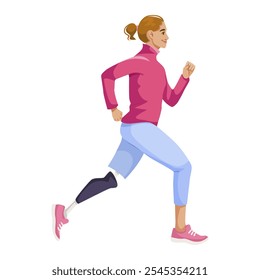 Woman running with prosthetic leg in active pose. Vector illustration