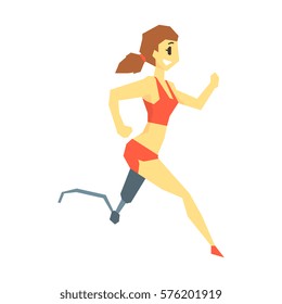 Woman Running With Prosthetic Leg, Young Person With Disability Overcoming The Injury Living Full Live Vector Illustration