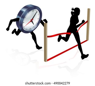 A woman running racing against a clock character beating it to the finish line