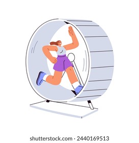 Woman running, rushing, hurrying in hamster wheel, circle. Person happy with fast life pace, repetitive routine. Endurance concept. Flat graphic vector illustration isolated on white background