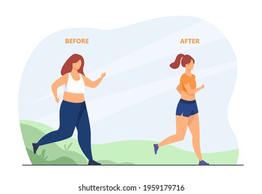Woman running for sake of slim body. Result, weight, jogging flat vector illustration. Healthy lifestyle and fitness concept for banner, website design or landing web page