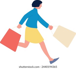 Woman running with shopping bags. Sale shopaholic character