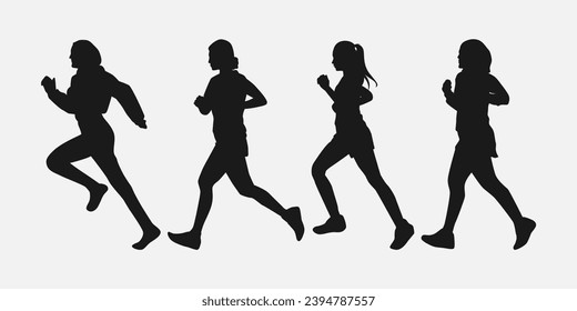 Woman running silhouette. Set of female runners. Sprint, jog. Side view. Isolated on white background. Graphic vector illustration.