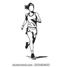 Frau Running Silhouette Vektor schwarze Skizze Illustration auf weißem Hintergrund. Female Running Linear Drawing. Frau Sport Silhouette Minimalistische Zeichnung