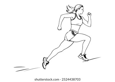 Frau Running Silhouette Vektor schwarze Skizze Illustration auf weißem Hintergrund. Female Running Linear Drawing. Frau Sport Silhouette Minimalistische Zeichnung