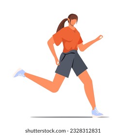  Woman running in sports shorts and t-shirt. Active healthy lifestyle concept, running, cardio workout, exercise. Flat vector illustration isolated on white background.