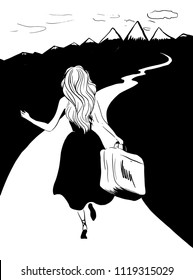 Woman running with suitcase to her dreams