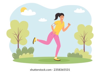 Woman Running in a Summer Park with headphones and smartphone. Active Lifestyle, Exercising outdoors, Running, Cardio workout concept.