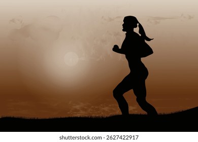 A woman running at sunset, exercise fitting in fitness concept, vector illustration design background