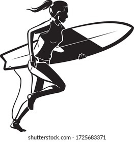 Woman Running with Surf Board in Shadowed Illustration