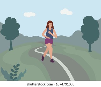 Woman running through the park. Sports training on the street. Runner in motion. Marathon and long runs in the street. Healthy lifestyle and fitness every day. comfortable athletic clothing for runnin