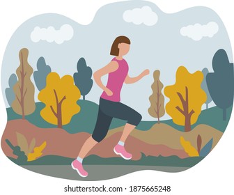 Woman running through the park. Sports training on the street. Runner in motion. Marathon and long runs in the street. Healthy lifestyle and fitness every day. comfortable athletic clothing for runnin