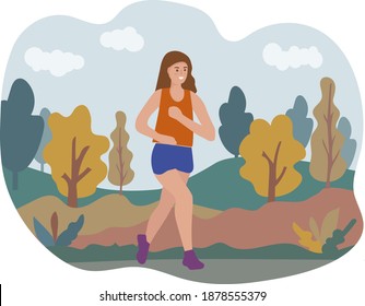 Woman running through the park. Sports training on the street. Runner in motion. Marathon and long runs in the street. Healthy lifestyle and fitness every day. comfortable athletic clothing for runnin