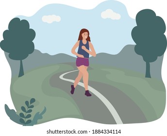 Woman running through the park. Sports training on the street. Runner in motion. Marathon and long runs in the street. Healthy lifestyle and fitness every day. comfortable athletic clothing for runnin