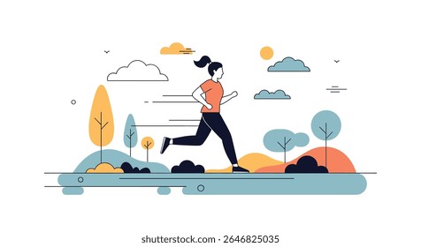 A Woman Running Through a Scenic Park on a Sunny Day With Colorful Trees and Clouds