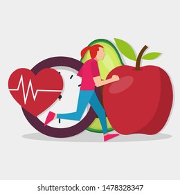 Woman Running With Timer, Heart And Fruit As The Background For Healthy Lifestyle Concept  Vector Illustration