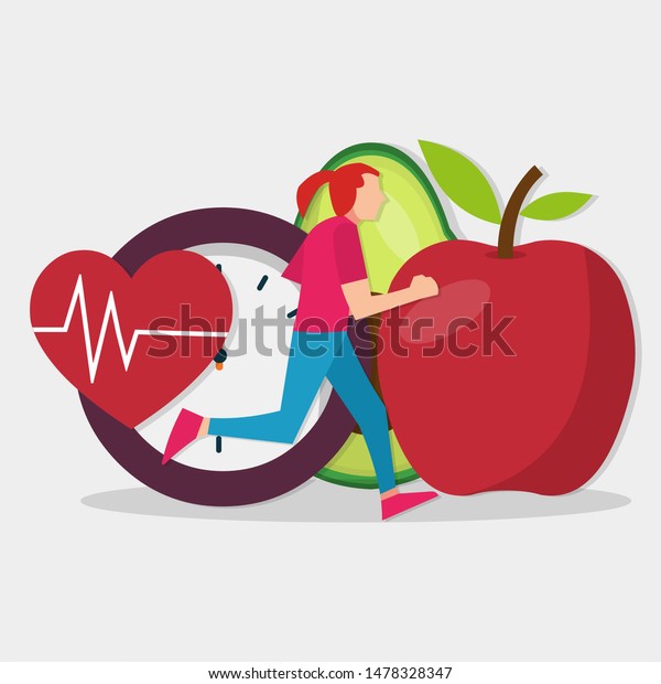 健康的なライフスタイルのコンセプトベクターイラストの背景にタイマー 心 果物を持って走る女性 のベクター画像素材 ロイヤリティフリー