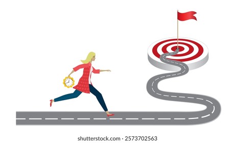 Woman running toward goal on winding road. Stress and planning. Vector illustration.