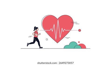 Mulher Correndo em Direção a um Símbolo de Coração Grande com uma Linha de Batimento Cardíaco Exibindo Excelente Saúde Cardiovascular e Fitness