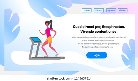 woman running treadmill cartoon character sport female activities isolated keep fit healthy lifestyle motivation concept full length flat horizontal copy space vector illustration