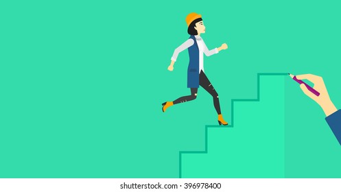 Woman running upstairs.