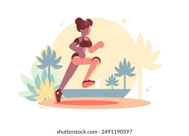 Woman Running. Vector illustration of a woman jogging outdoors, with a background of trees and plants.