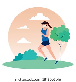 woman running wearing medical mask in the park, prevention coronavirus covid 19 vector illustration design