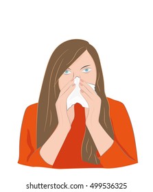 woman with a runny nose. Cover your nose with a handkerchief. cold. vector illustration.