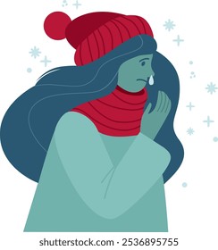 Mulher com nariz escorrendo. Menina não saudável sentir vírus doente, febre, gripe ou frio. Conceito de estação de combustão. Ilustração de vetor plano