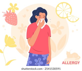 Frau mit laufender Nase und wässrigen Augen. Allergie gegen Tierfelle, Blütenpollen, Zitrusfrüchte oder Beeren, saisonale Erkrankungen. Flache Vektorgrafik