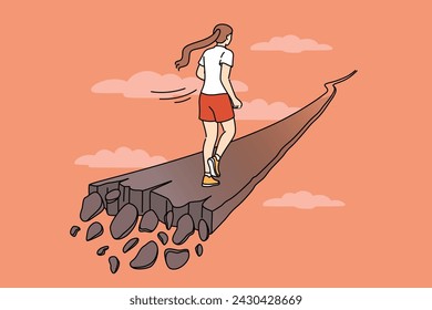 Woman runs along crumbling path, for concept of overcoming problems and escaping from crisis. Last chance to save yourself for girl who needs help getting out of personal or career crisis