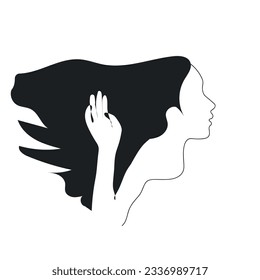 Woman in runs along the road. Abstract portrait of pretty young woman with beautiful hair. Vector illustration.