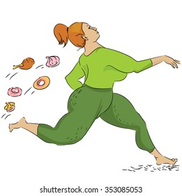 Woman runs away from junk food. Girl jogging.