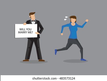 Woman runs away from man holding placard with text, will you marry me. Vector cartoon illustration on woman not wanting to get married isolated on grey background.