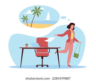 Woman runs away from office with dreams of vacation to sea. Office interior. Dreaming character about summer beach vacation, woman with thought bubble. Cartoon flat illustration. Vector concept