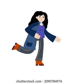 Woman runs. Hurrying character in coat. Flat cartoon illustration isolated on white. Happy girl in active motion. Flat cartoon isolated on white